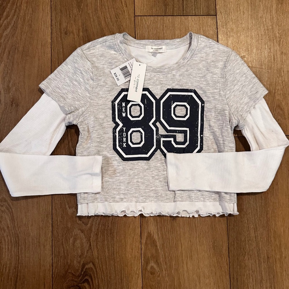 No Comment Girls Grey Layered 89 New York Graphic Top Size L 14 NWT RK333332K